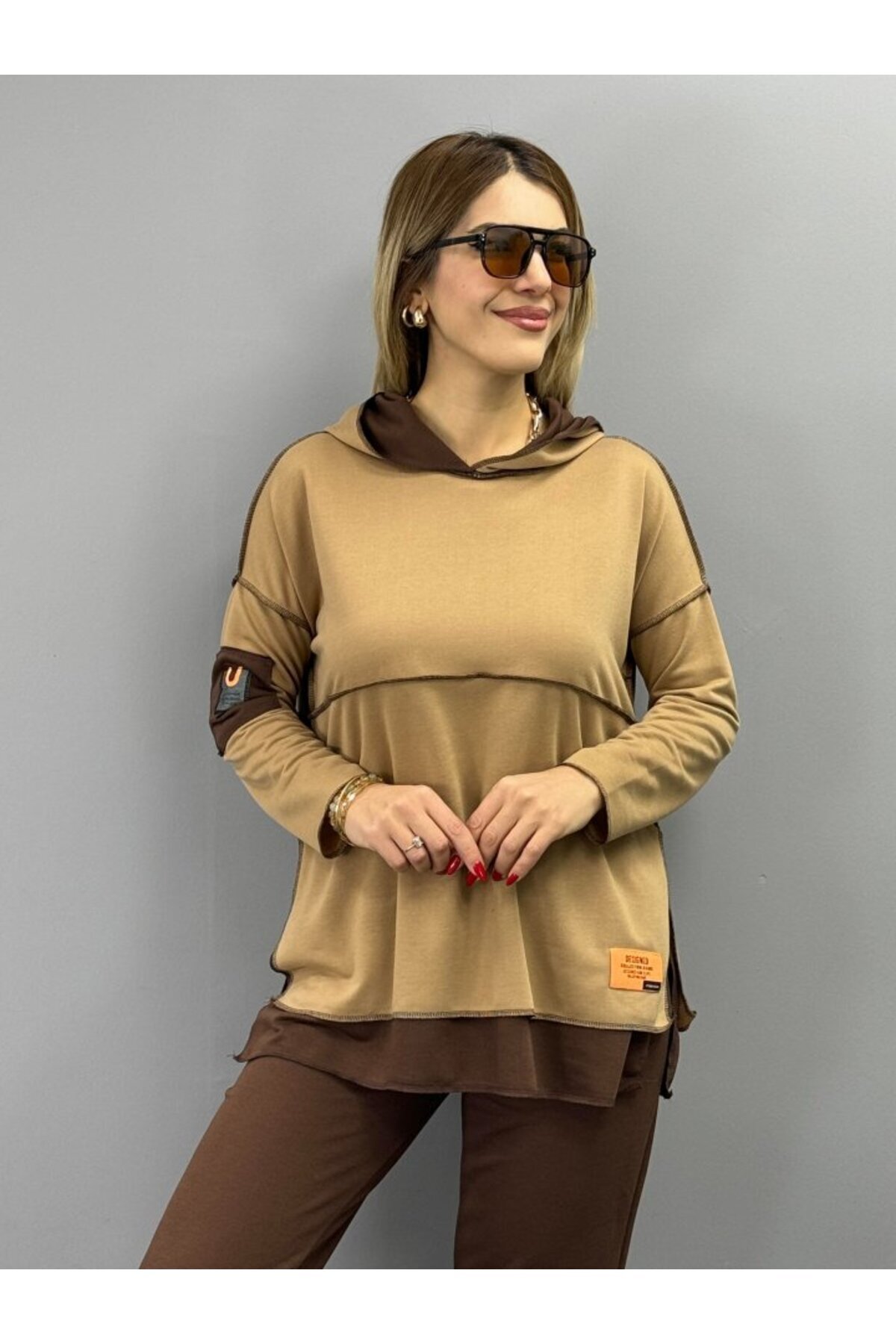 JANES-Women's Coffee Hooded Skirt Detail Crest Reverse Stitching Double Suit 6