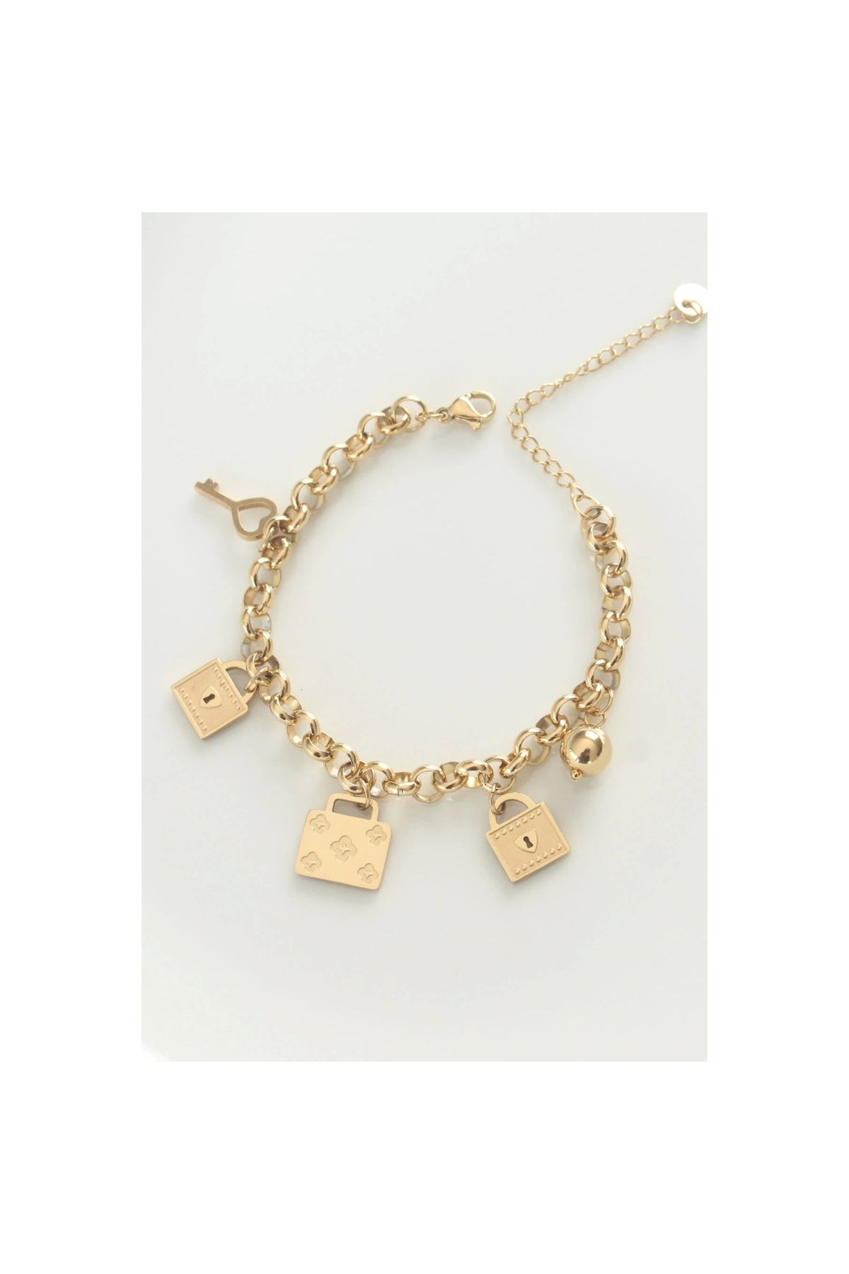 Narnuga 316L Çelik Gold Renk Karışık Aksesuarlı Oval Zincir Bileklik - TJ-BB6038
