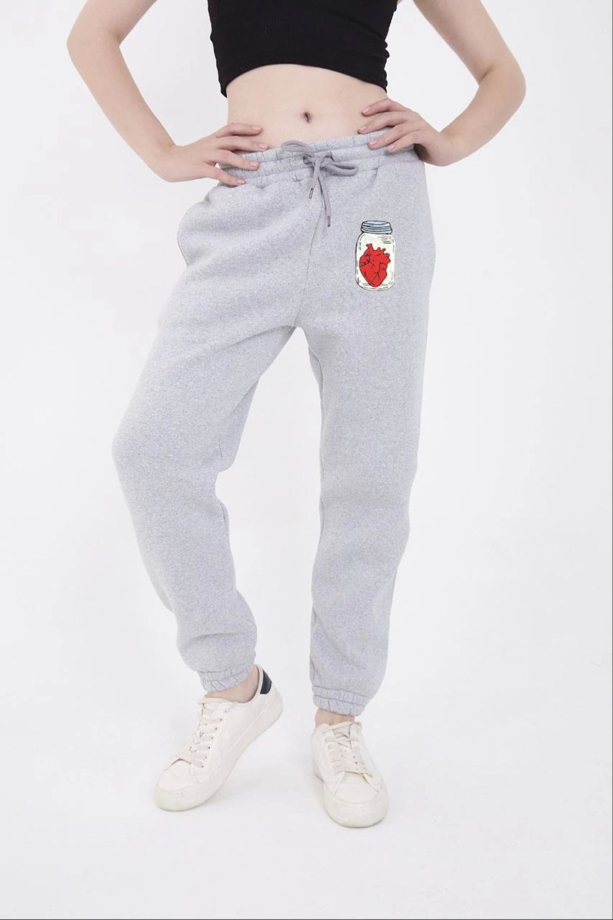Pink Stil Üç İplik Lastikli Baskılı Eşofman Pantolon - Gri