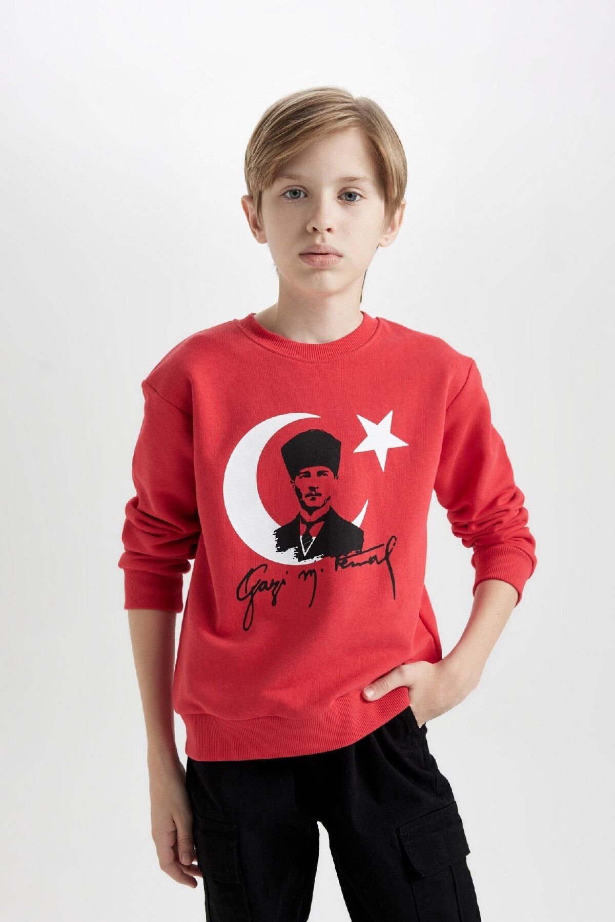 DeFacto-Boy's Crew Neck Ataturk Printed Red Sweatshirt D8199A824Wn 4