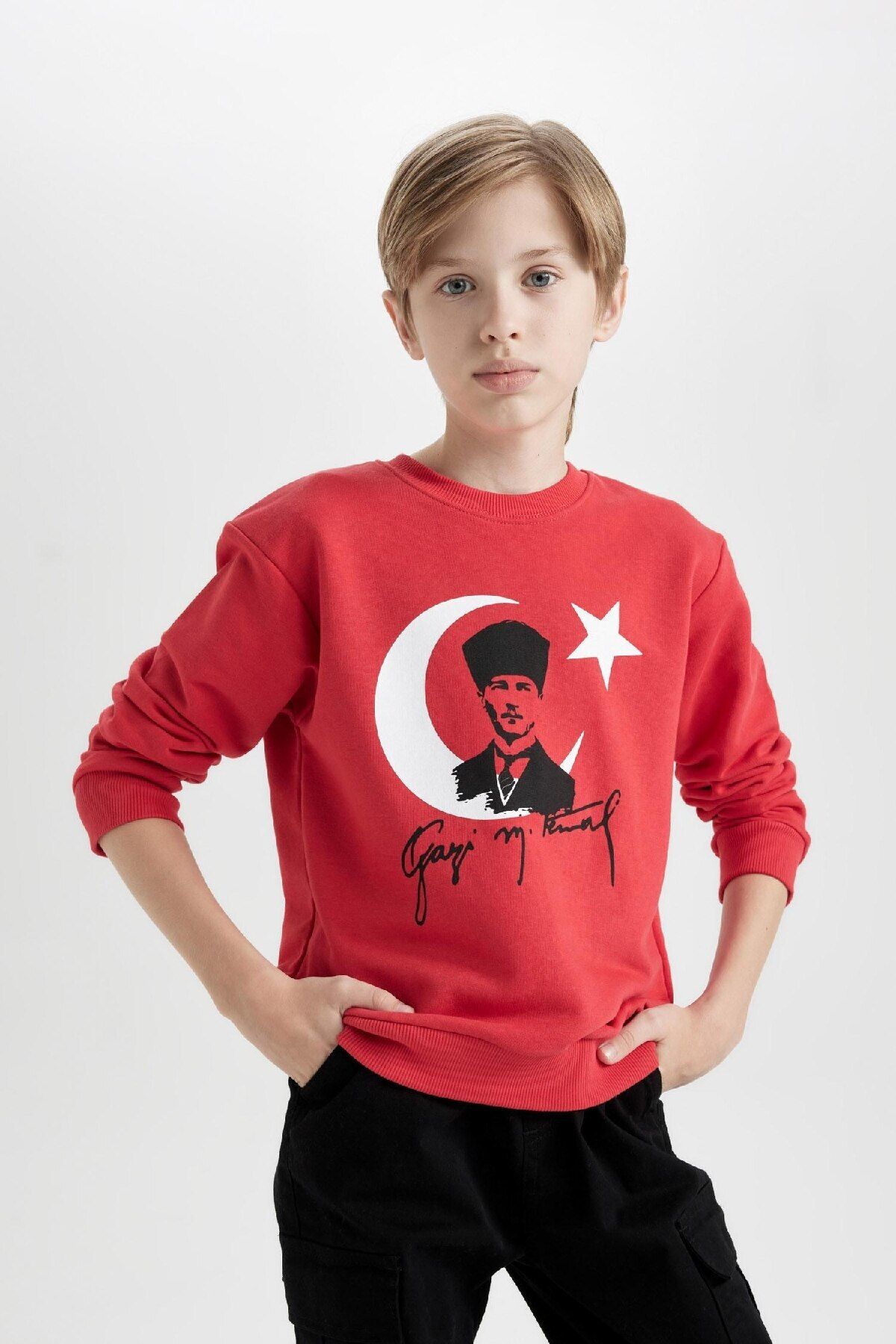 DeFacto-Boy's Crew Neck Ataturk Printed Red Sweatshirt D8199A824Wn 6