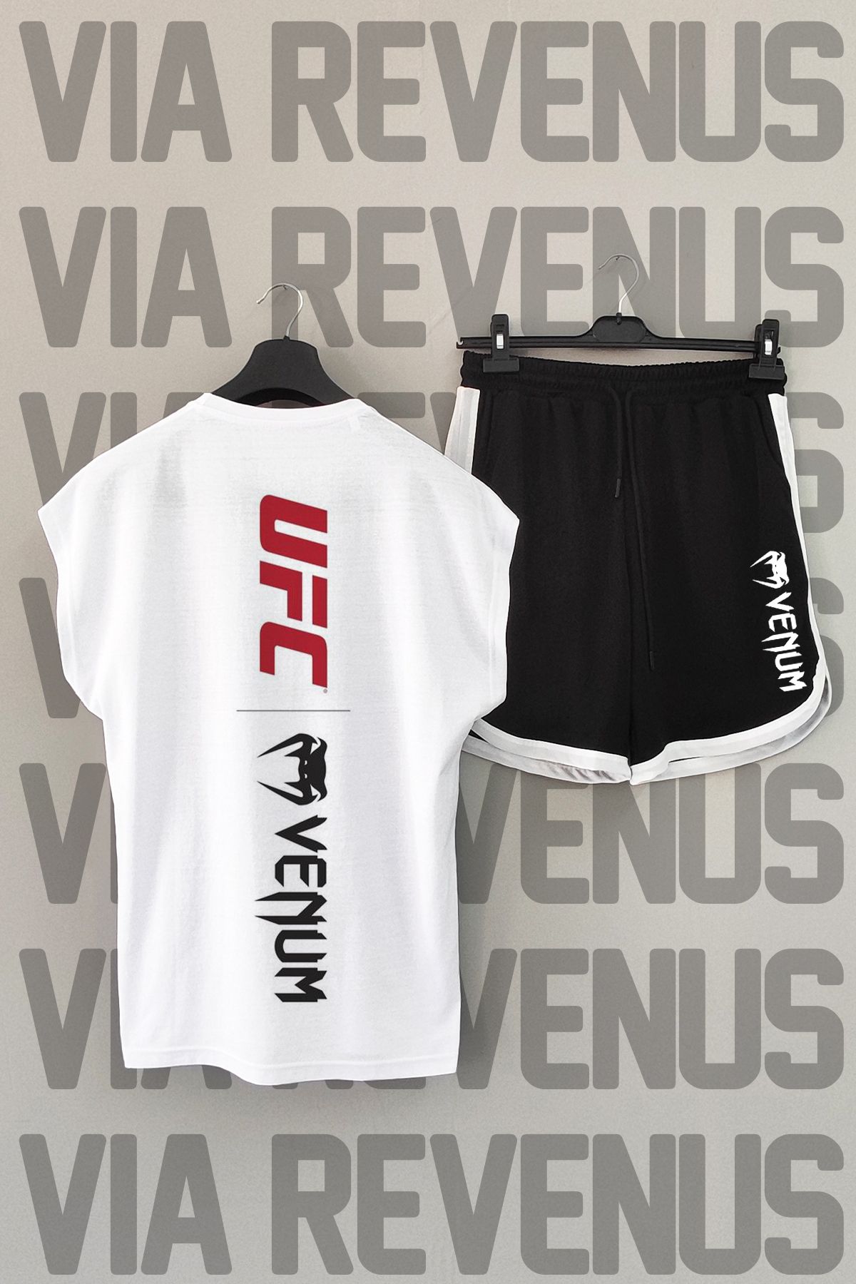 Vordevia-Tricou sport cu mânecă zero și pantaloni scurți negri cu imprimeu UFC Venum față și spate 1