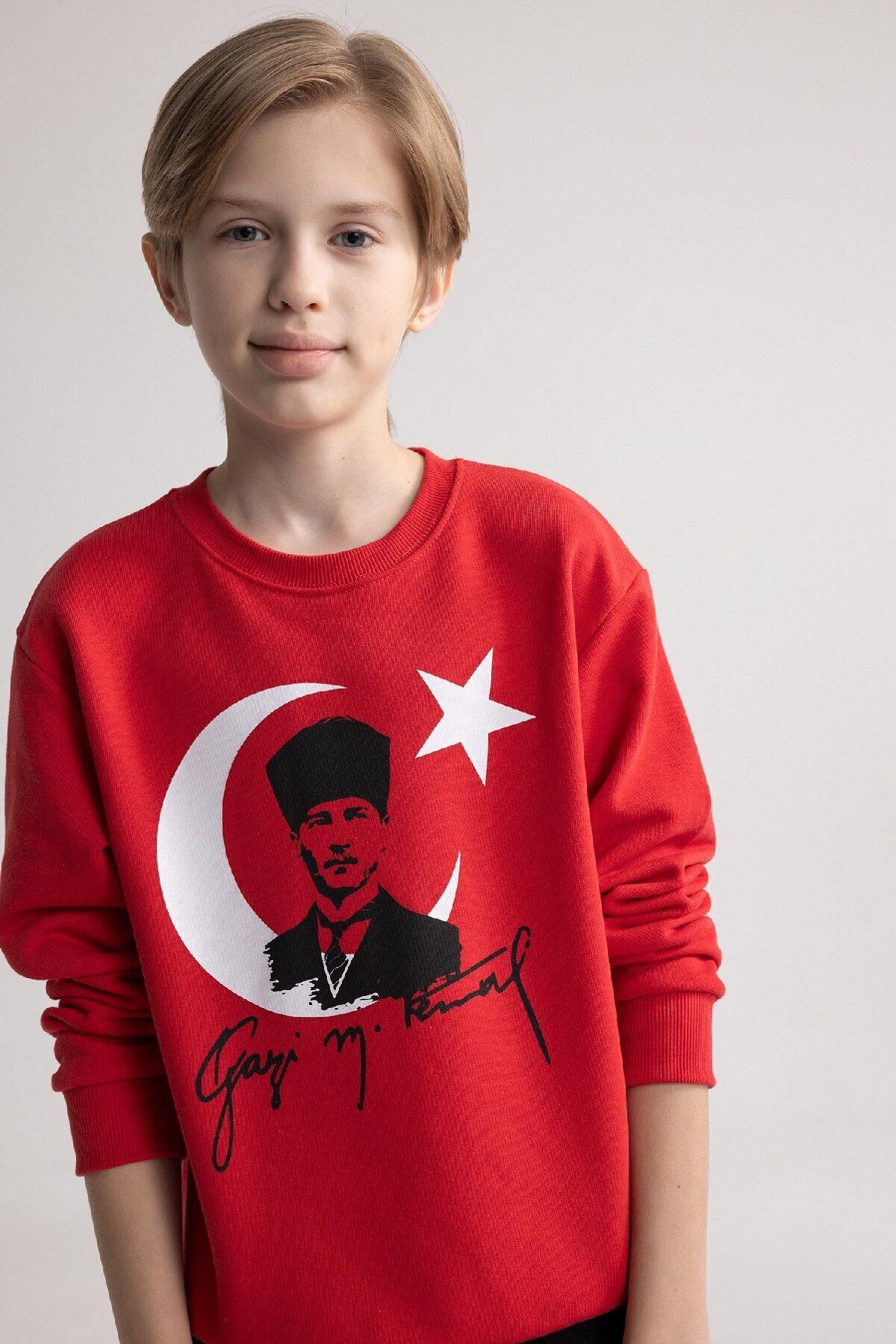 DeFacto-Boy's Crew Neck Ataturk Printed Red Sweatshirt D8199A824Wn 3