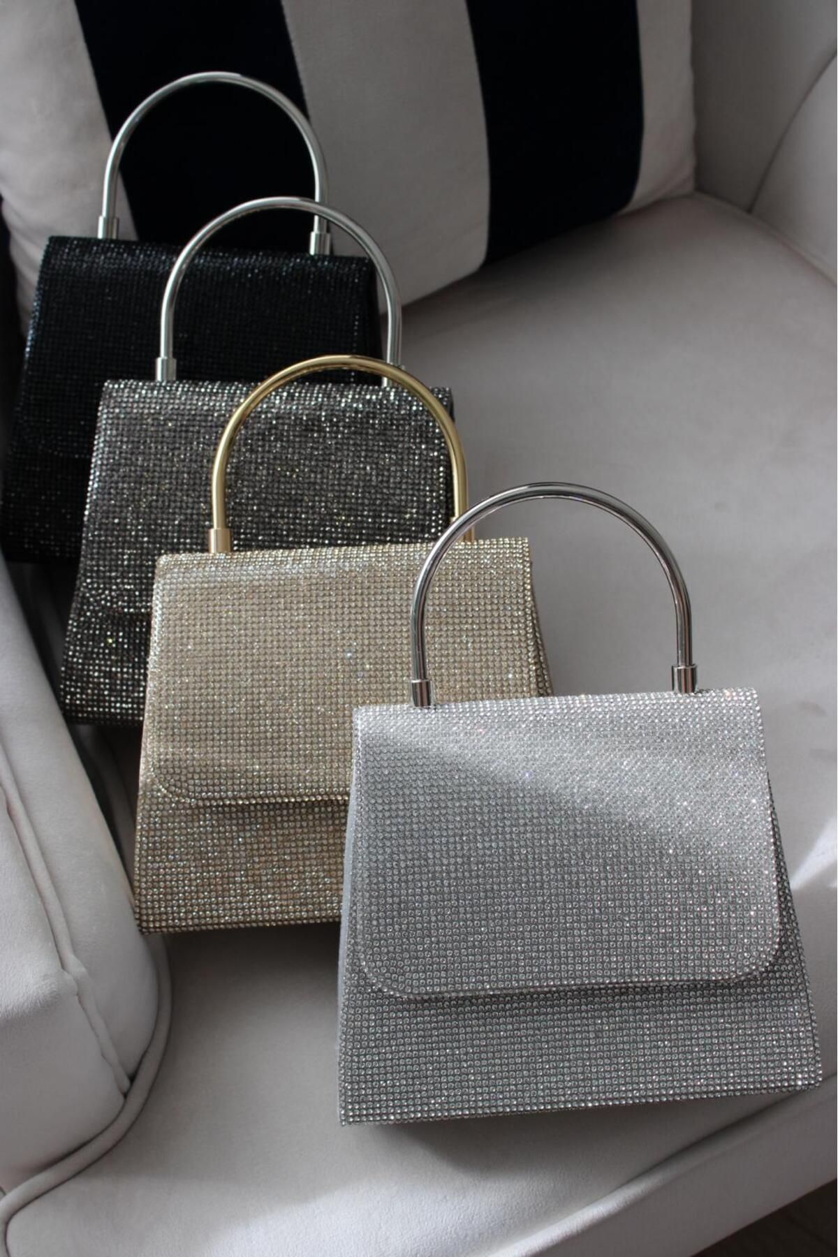 Molie-Women's Platinum Smoked Metal Handle with Stones - Stylish Wedding - Invitation Evening Bag 5