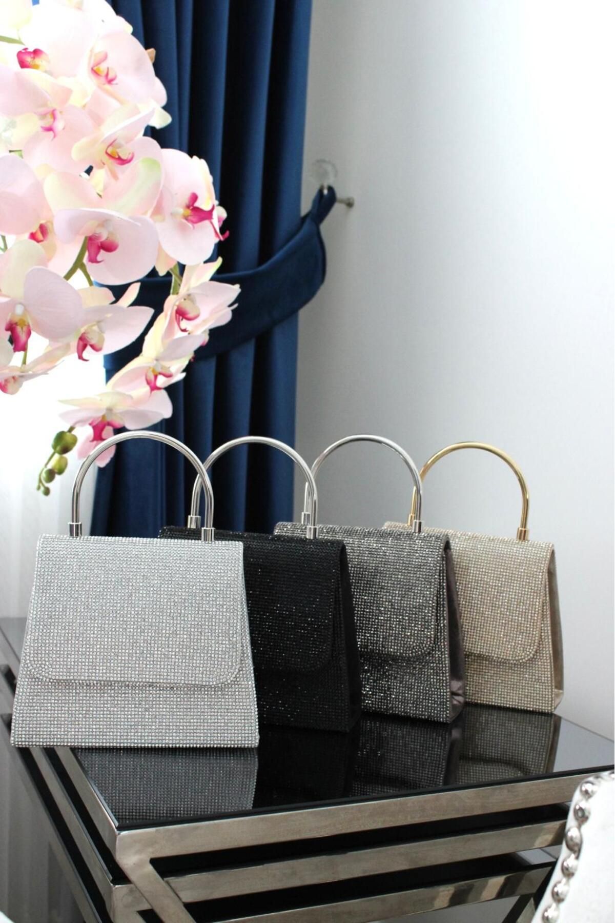 Molie-Women's Platinum Smoked Metal Handle with Stones - Stylish Wedding - Invitation Evening Bag 6