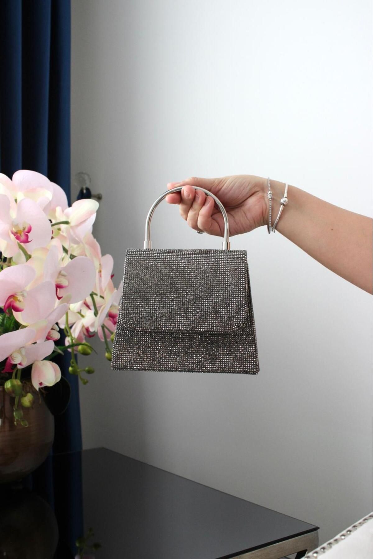 Molie-Women's Platinum Smoked Metal Handle with Stones - Stylish Wedding - Invitation Evening Bag 3