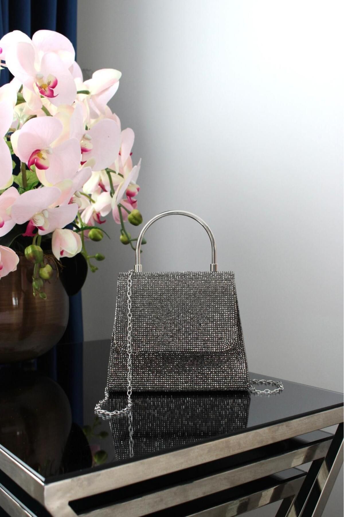 Molie-Women's Platinum Smoked Metal Handle with Stones - Stylish Wedding - Invitation Evening Bag 2