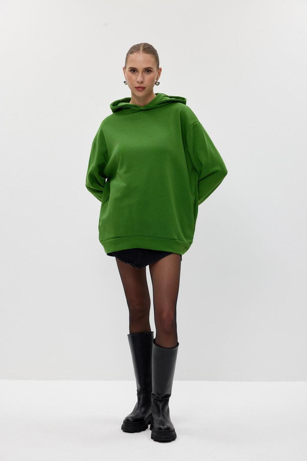 Tuba Butik-Basic Hooded Green Women's Sweatshirt 3