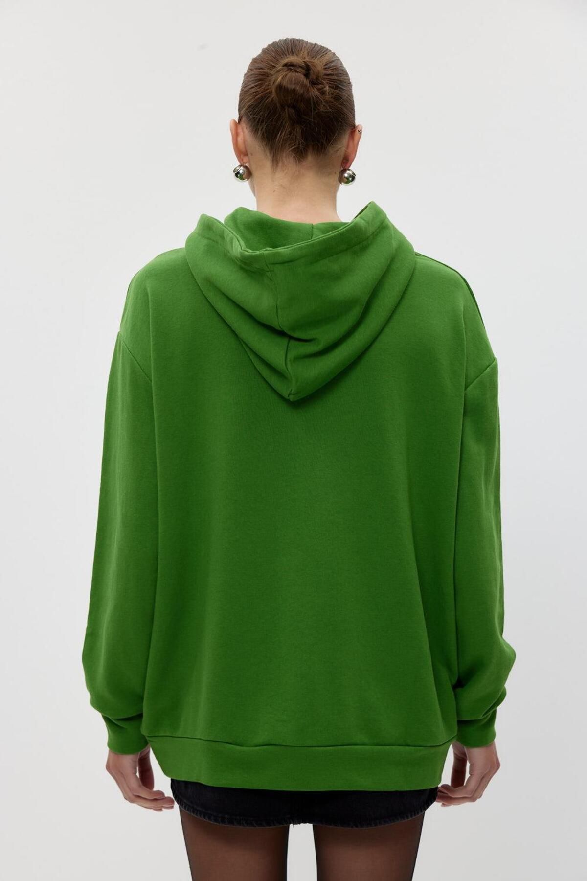 Tuba Butik-Basic Hooded Green Women's Sweatshirt 4