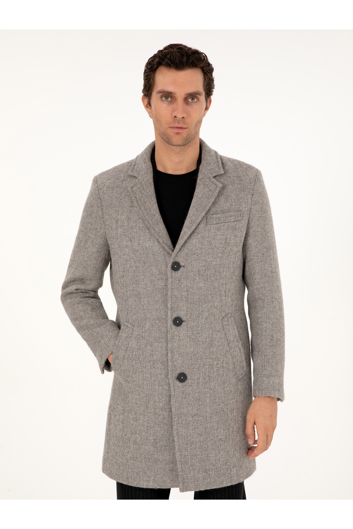 Cacharel Gri Slim Fit Yün Karışımlı Palto 50293729-VR024 görsel 3