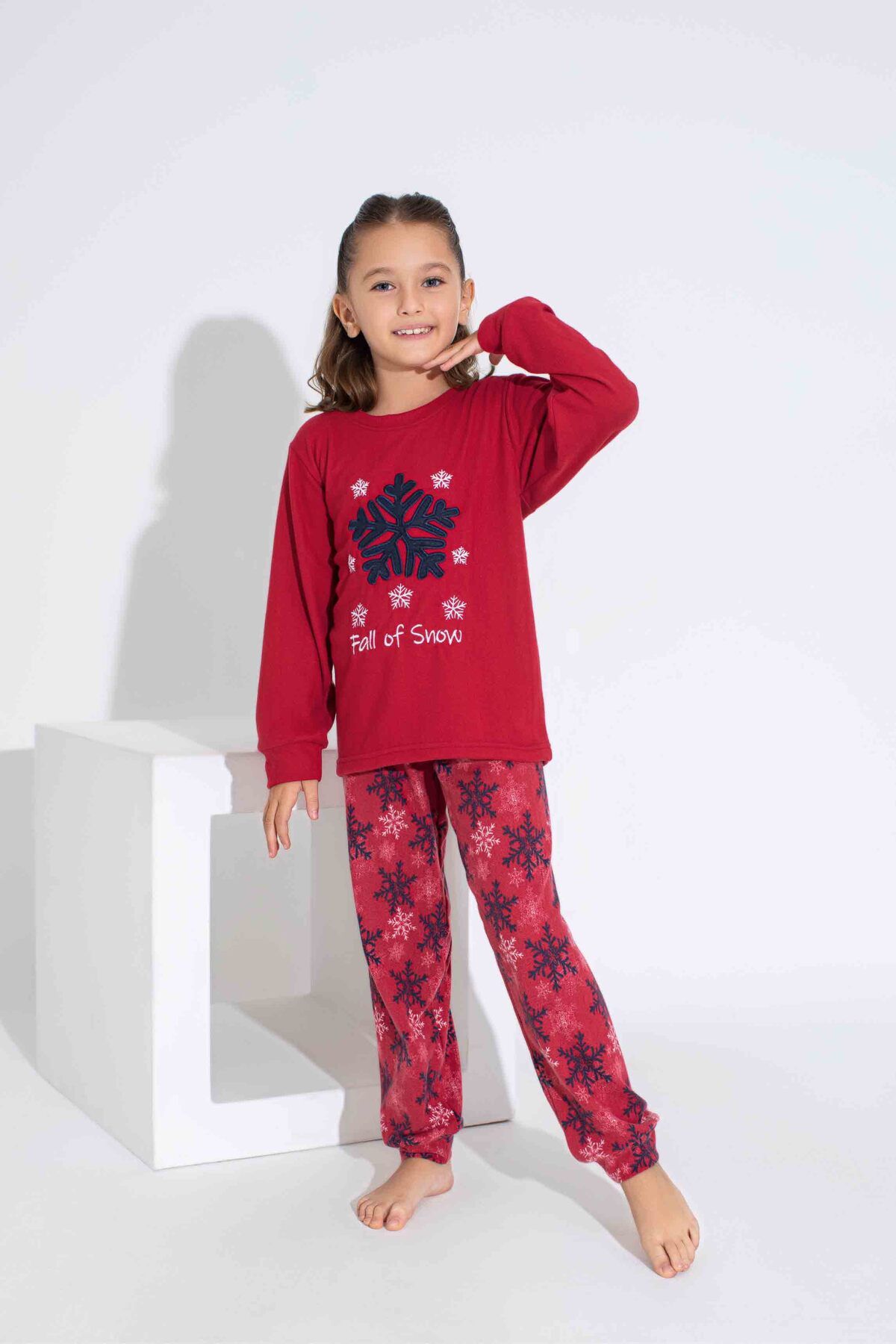 Tarık-Women's Red Snowflake Pattern Mother Girl Combination Thermal Winter Warm Soft Pajamas Set 6