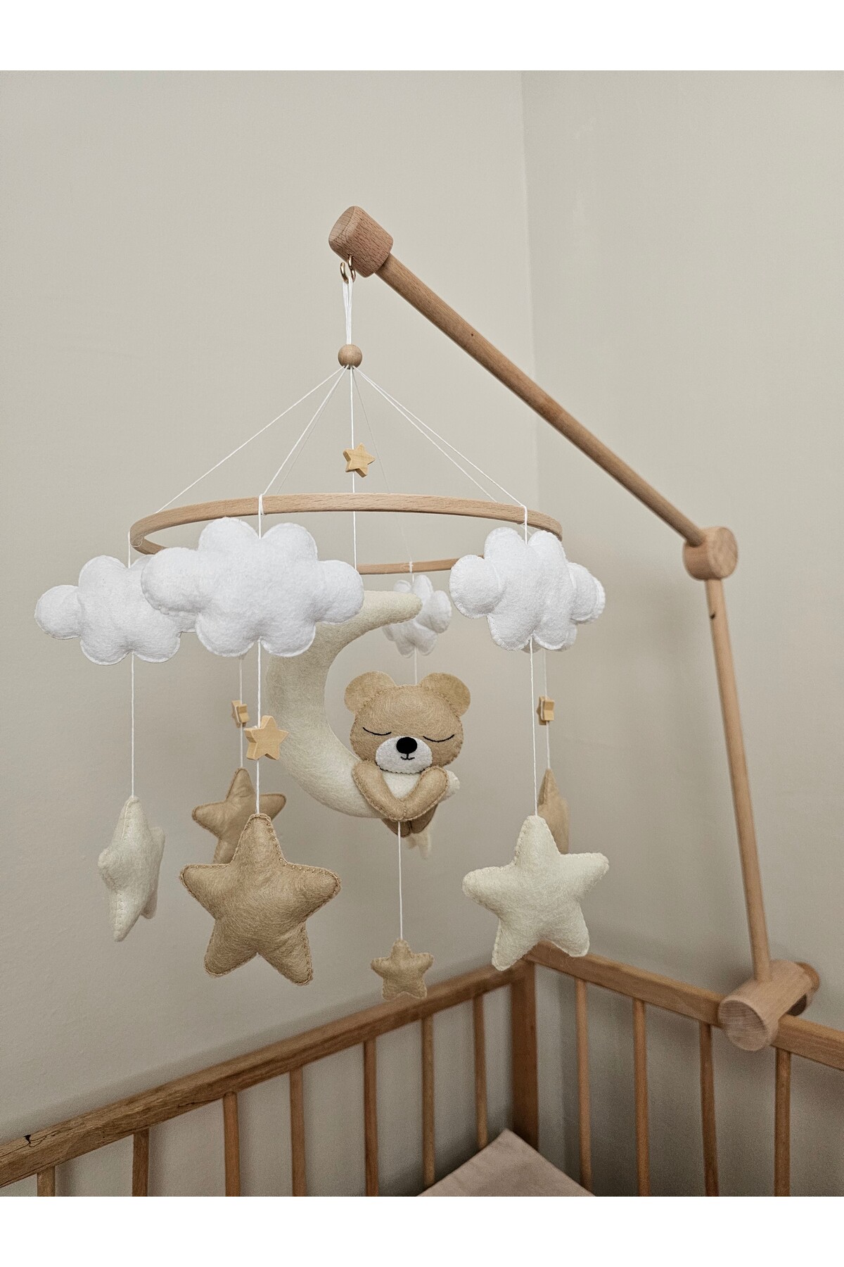 hobiimobiii Dönence (MÜZİKLİ) Bebek Beşik Süsü Keçe Dönence Aydedeli Ayıcık fotoğrafı 4 (önizleme)