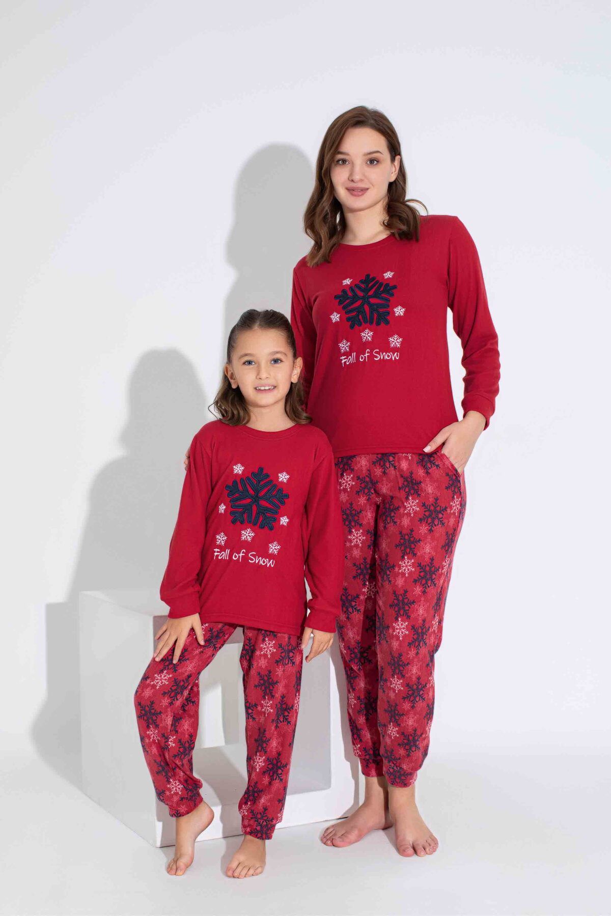 Tarık-Women's Red Snowflake Pattern Mother Girl Combination Thermal Winter Warm Soft Pajamas Set 4