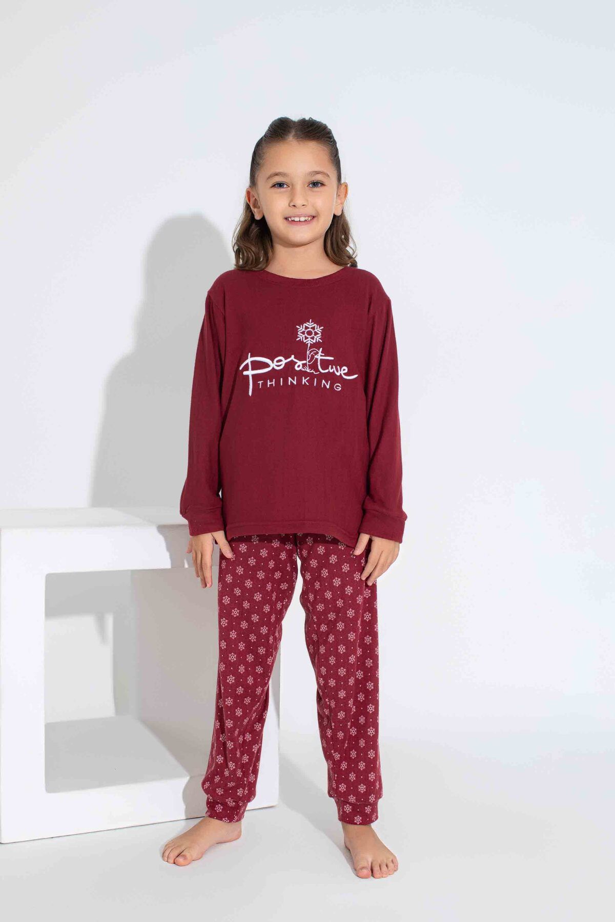 Tarık-Women's Burgundy Snowflake Pattern Mother Girl Combination Thermal Winter Warm Soft Pajamas Set 3