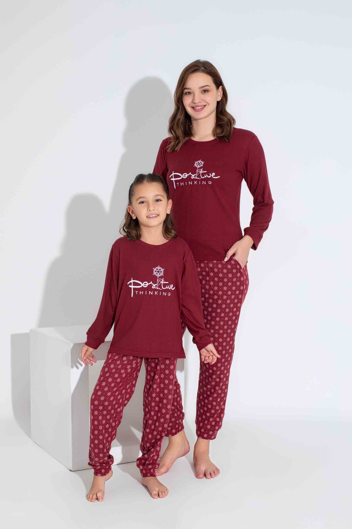 Tarık-Women's Burgundy Snowflake Pattern Mother Girl Combination Thermal Winter Warm Soft Pajamas Set 4