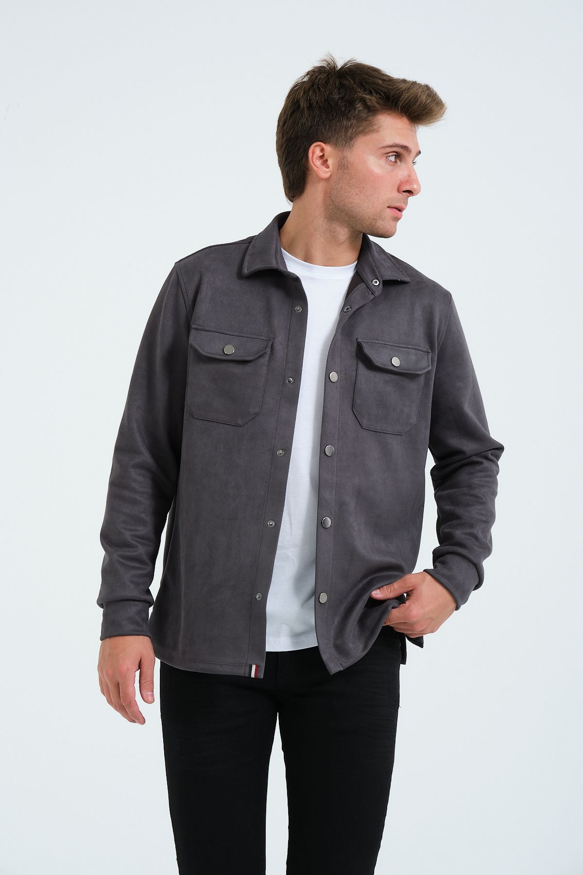 Rich-Cămașă din piele intoarsa pentru barbati gri Tricou Top Camasa groasa Jacheta afumata 2