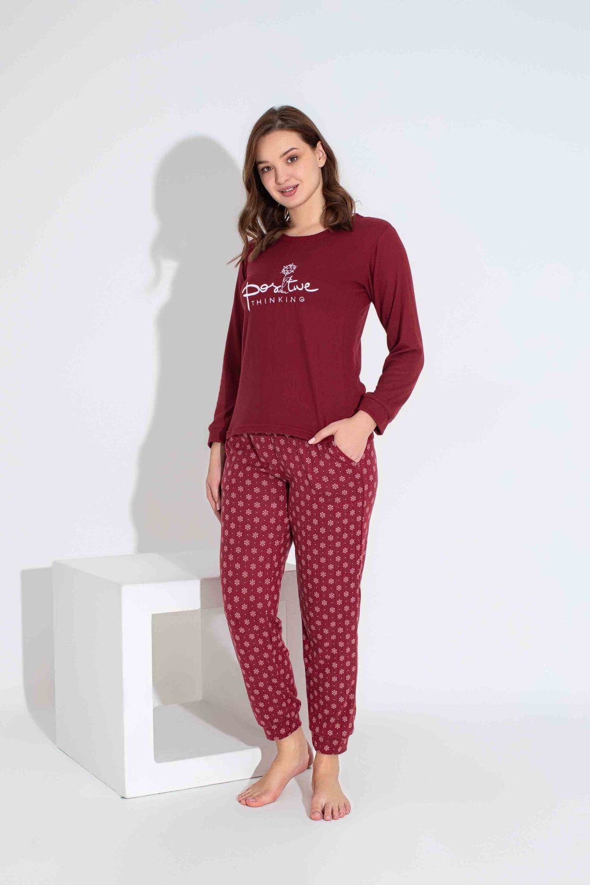 Tarık-Women's Burgundy Snowflake Pattern Mother Girl Combination Thermal Winter Warm Soft Pajamas Set 5