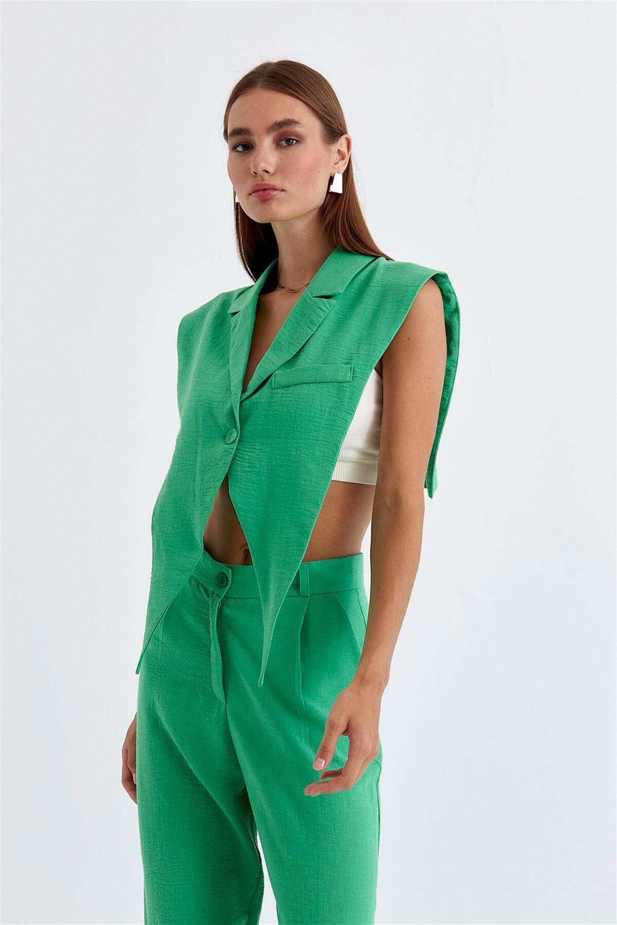 Tuba Butik-Vestă verde pentru femei cu design amestecat de in 4