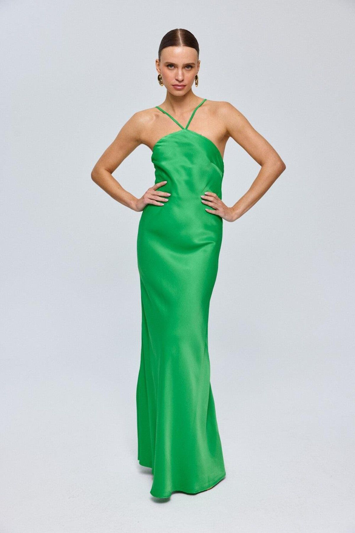 Tuba Butik-Halter Neck Satin Green Long Dress 5