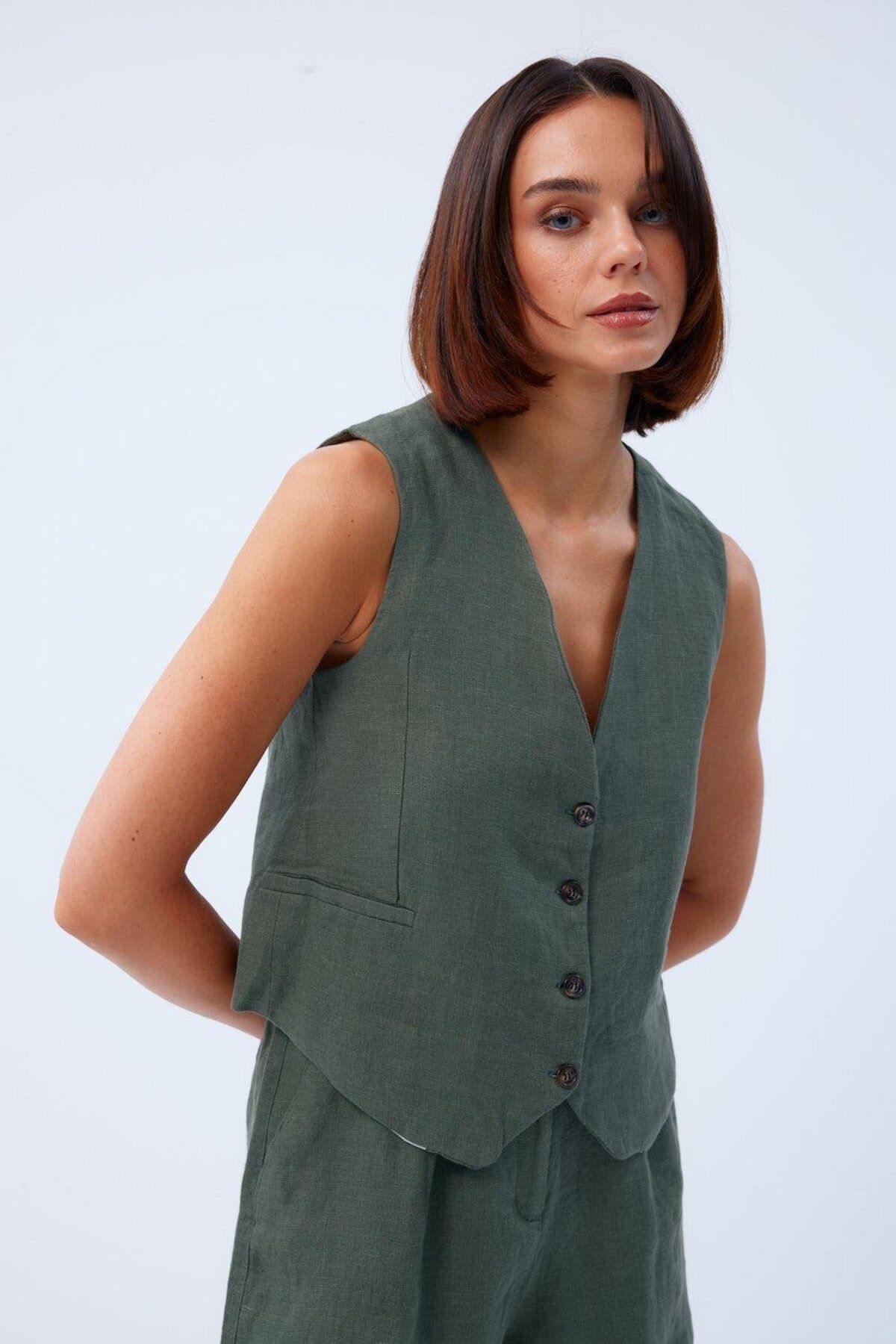 Tuba Butik-Women's Khaki Vest - Linen, Buttoned and V-Neck 3