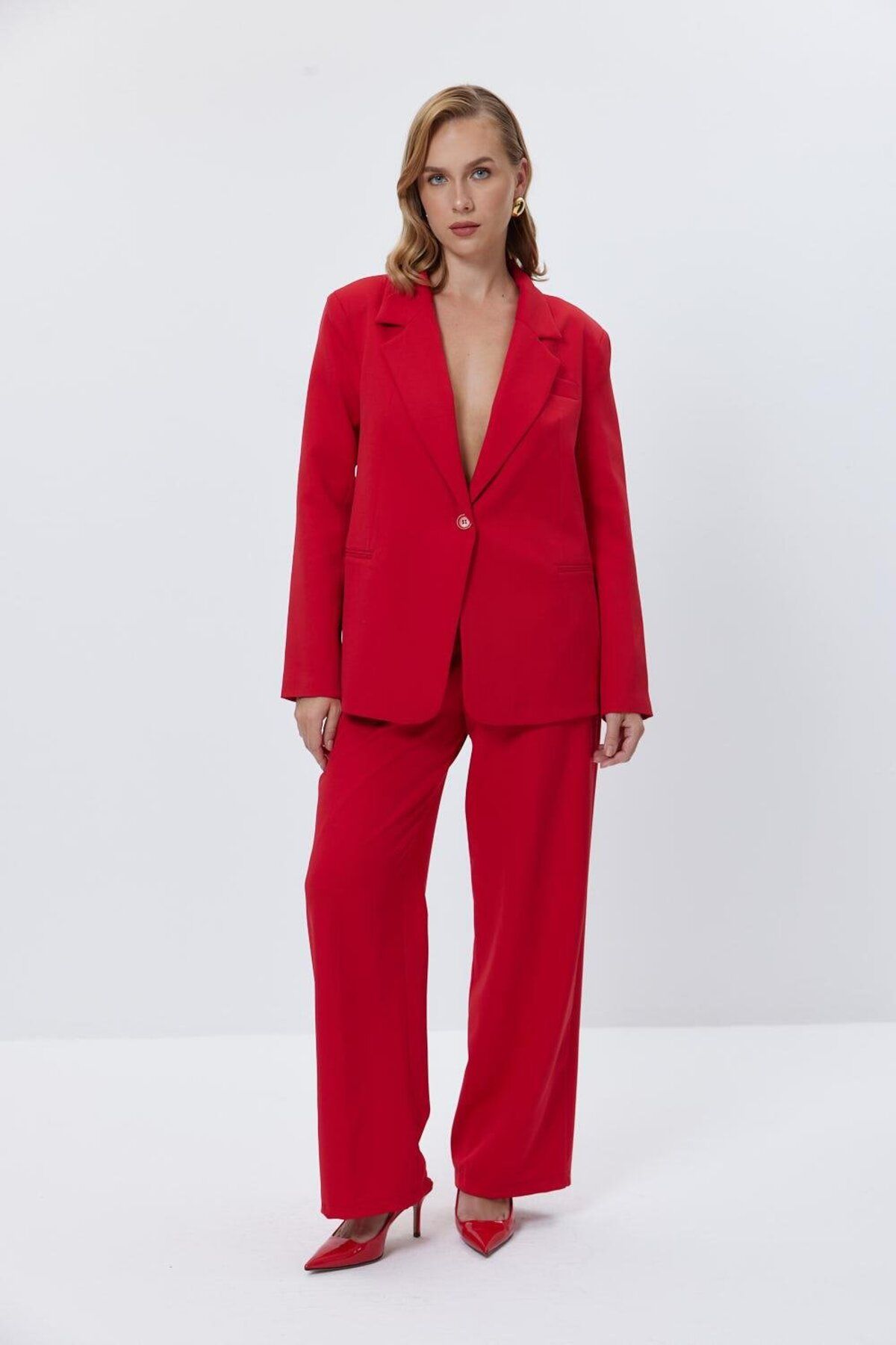 Tuba Butik-Single Button Blazer Red Women's Jacket 3