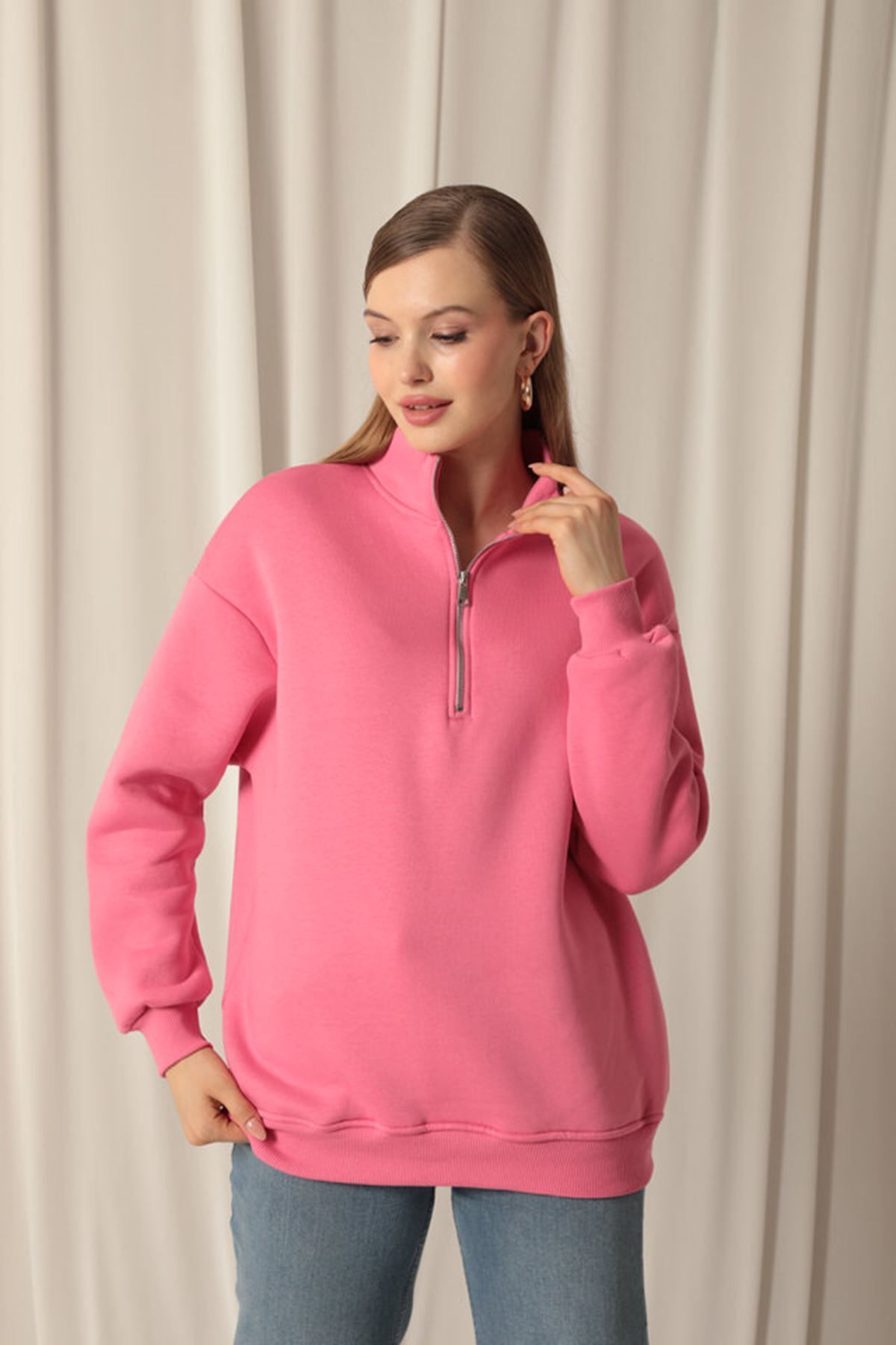 blueb Üç İplik Dik Yaka Yarım Fermuarlı Kadın Pembe Sweat