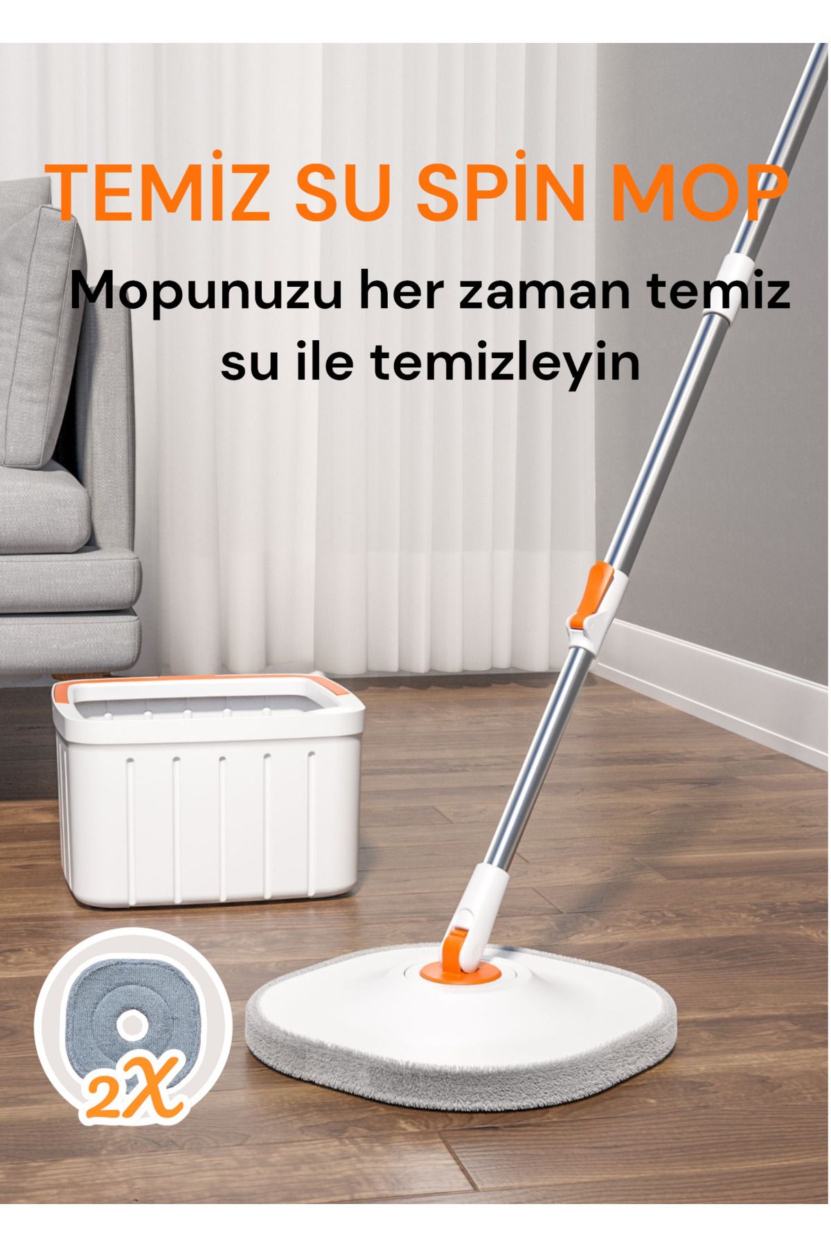 MOPPAK Mop Temizlik Seti Temiz&kirli Su Ayrımı Mikrofiber Kare Başlık 1 Yedek Bez Hediye