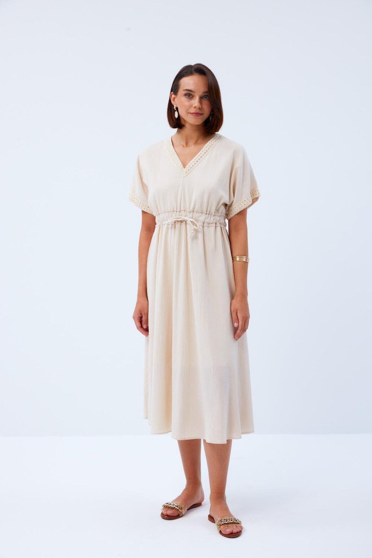 Tuba Butik-Beige Midi Dress - Linen Look, V-Neck 1