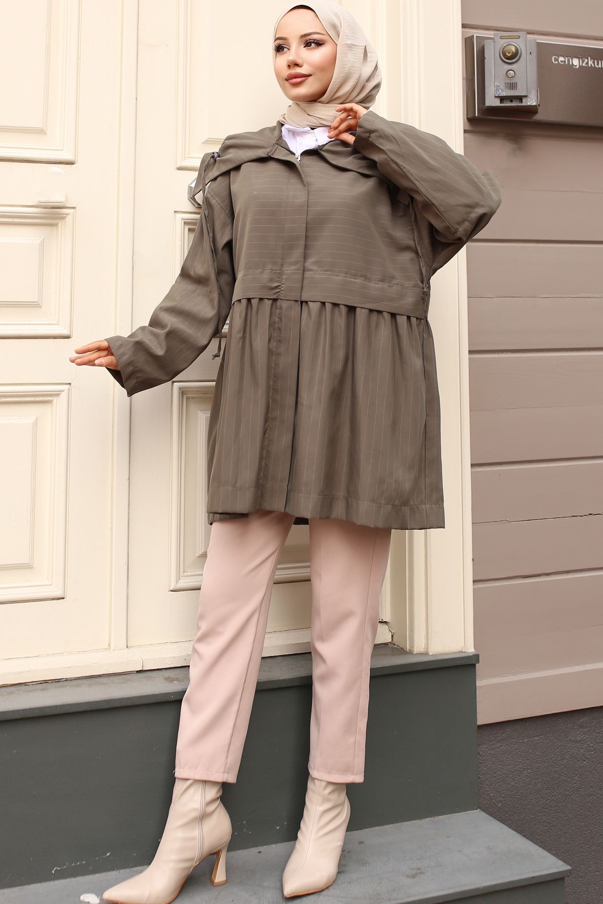 benguen-61653 Model Khaki Trench Coat - Collared Design 1