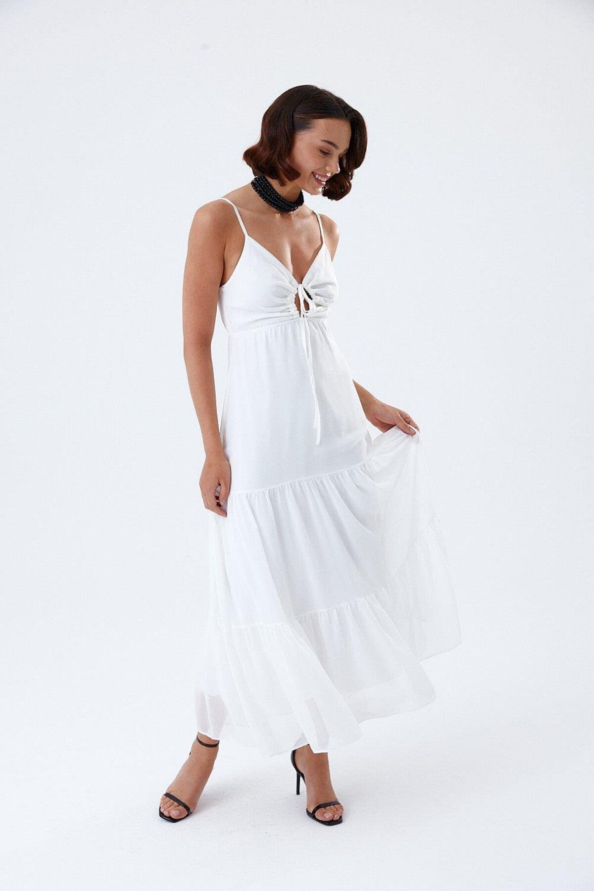 Tuba Butik-White Chiffon Dress - Long Cut with String Straps 6