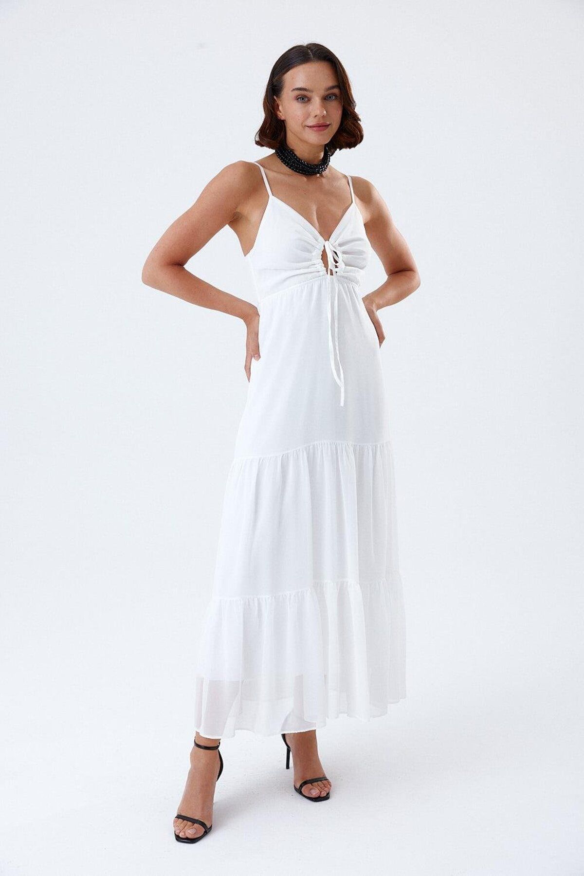 Tuba Butik-White Chiffon Dress - Long Cut with String Straps 2