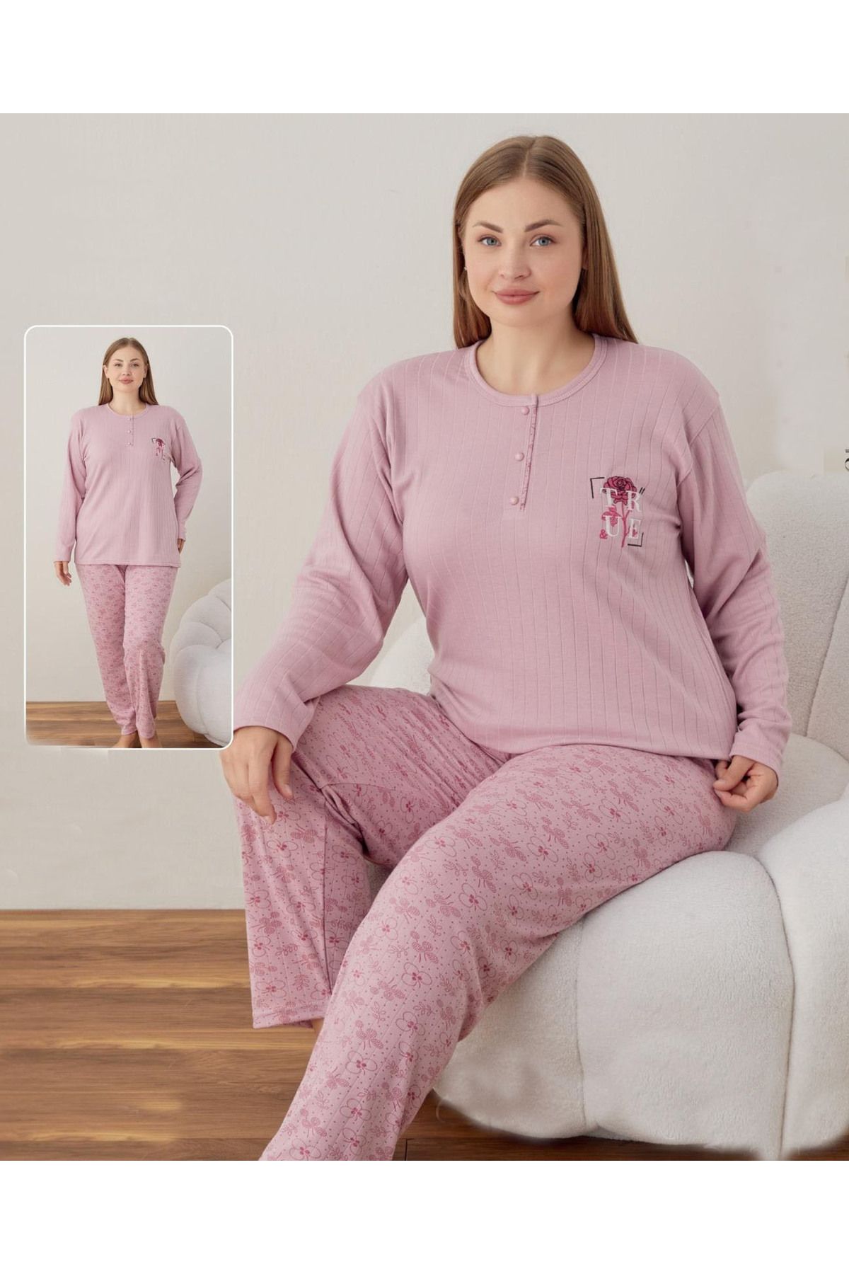 Lukitus Uzun Kollu Bambu Kadın Büyük Beden Pijama Takımı