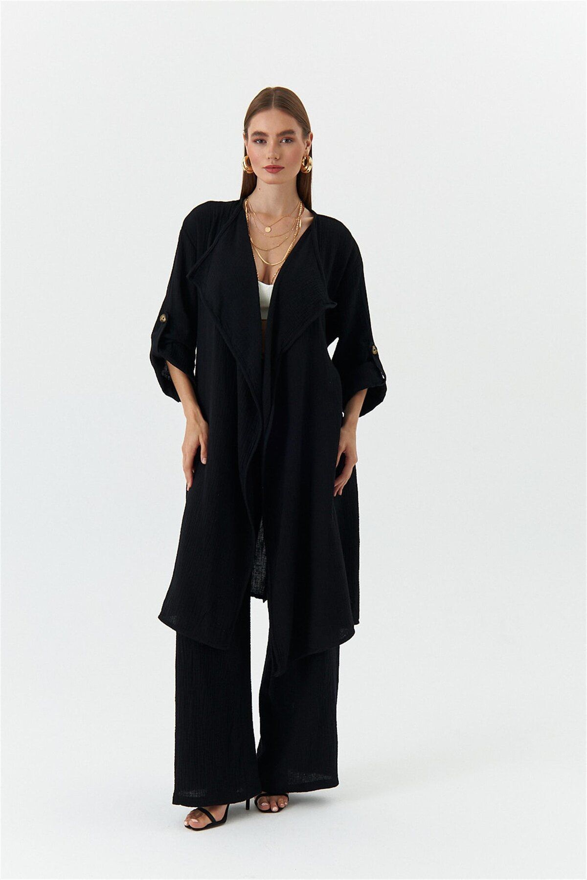 Tuba Butik Kimono Negru De Muselină Pentru Femei Femeie - S