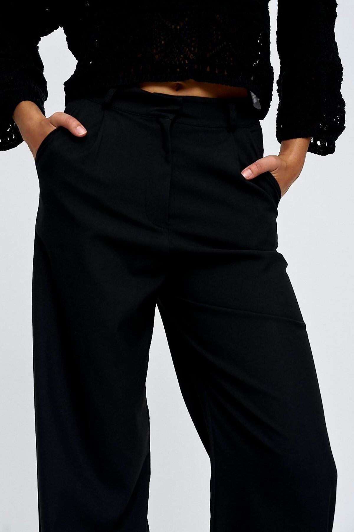 Tuba Butik-Masculine Palazzo Black Women's Trousers 6