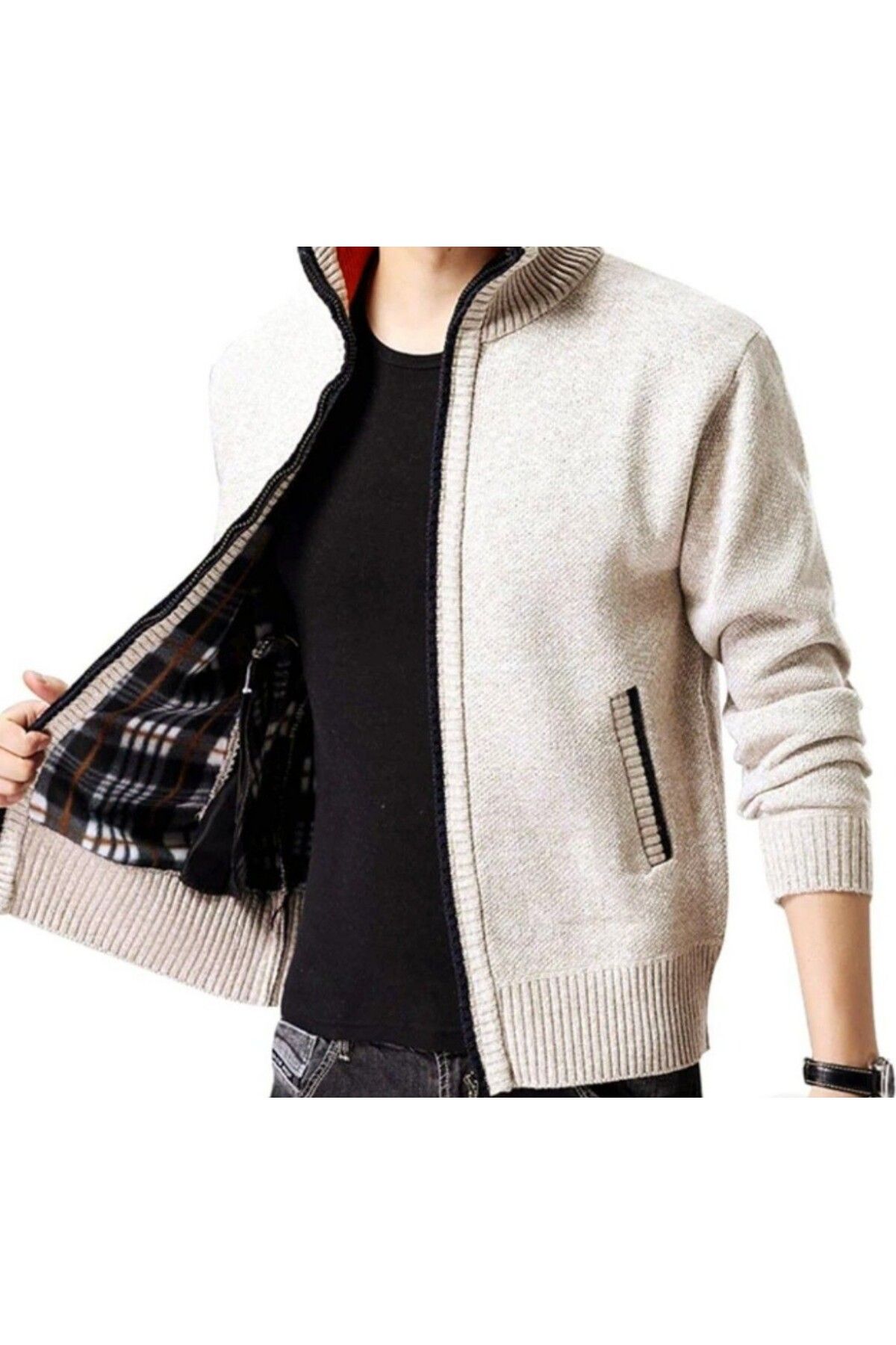 ARDSU-Men's Fleece Knitted Cardigan - Zippered and Pocketed, Arm between 56 Cm, Height 68 cm 4