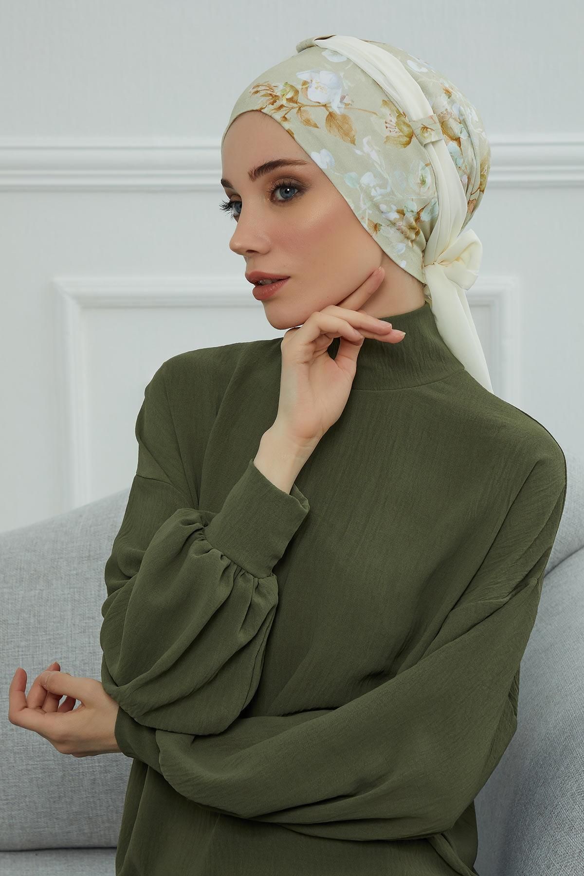 Aisha's Design-Patterned Chiffon Belted Combed Cotton Bonnet - B-24Yd 2