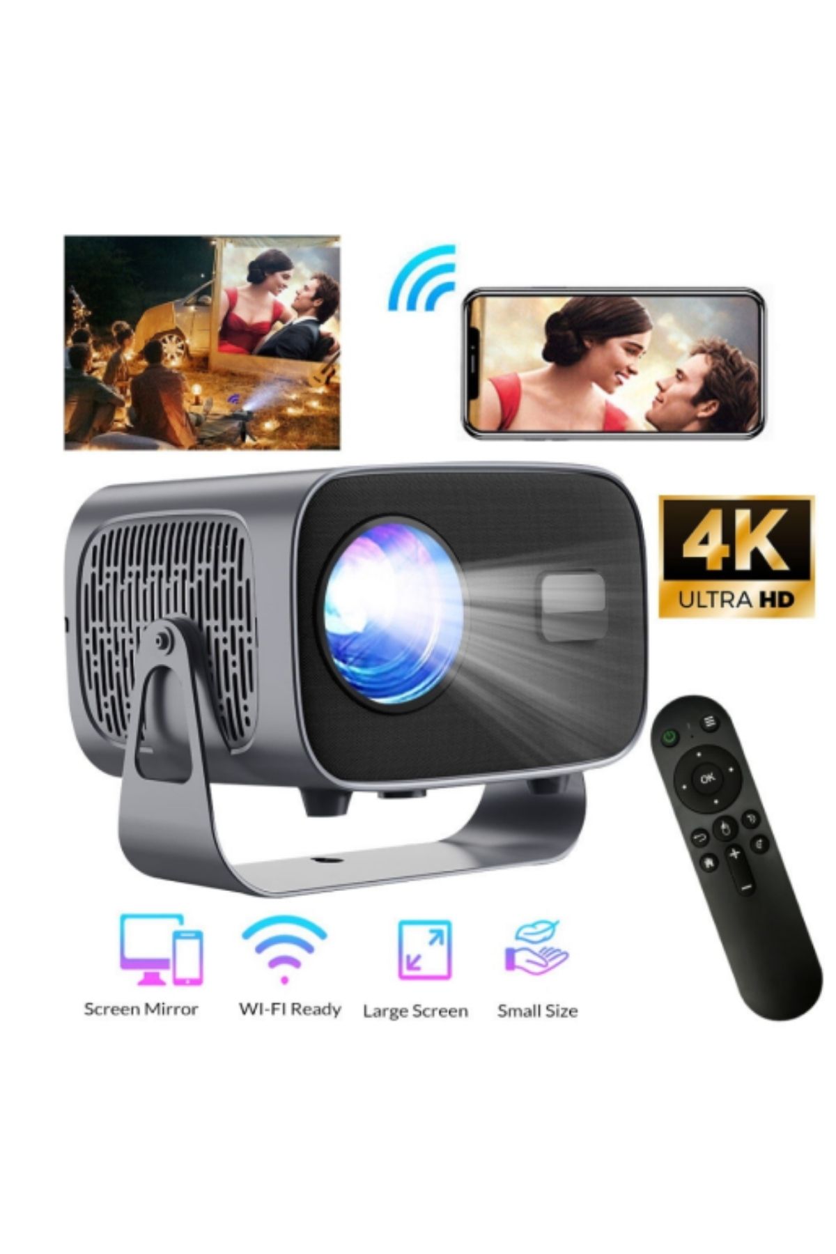 Taşınabilir Sinema Dizi Film Projeksiyon Cihazı 1080P/2K/4K Dahili Wifi & Bluetooth 4K Destekli