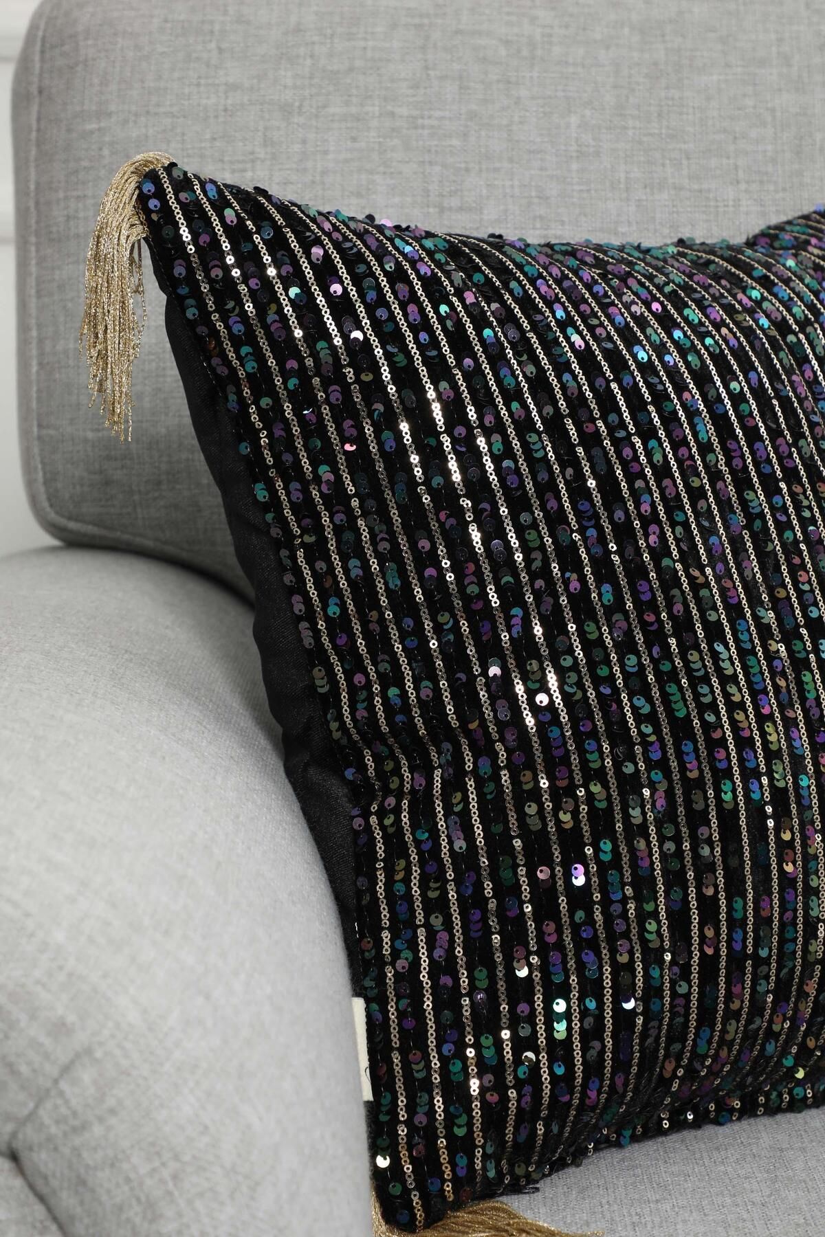 Aisha's Design-45X45 cm Velvet Throw Pillow - Sequined and Fringed Cover, K-373 2