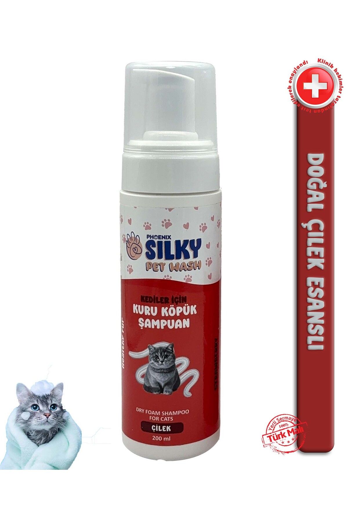 Silky PetWash - Kedilere Özel Çilek Özlü Kuru Köpük Şampuan - 200ml