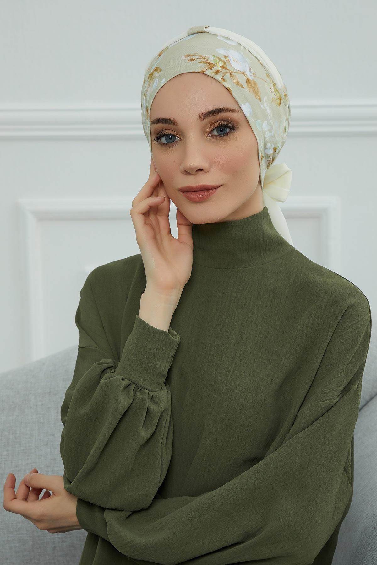 Aisha's Design-Patterned Chiffon Belted Combed Cotton Bonnet - B-24Yd 1