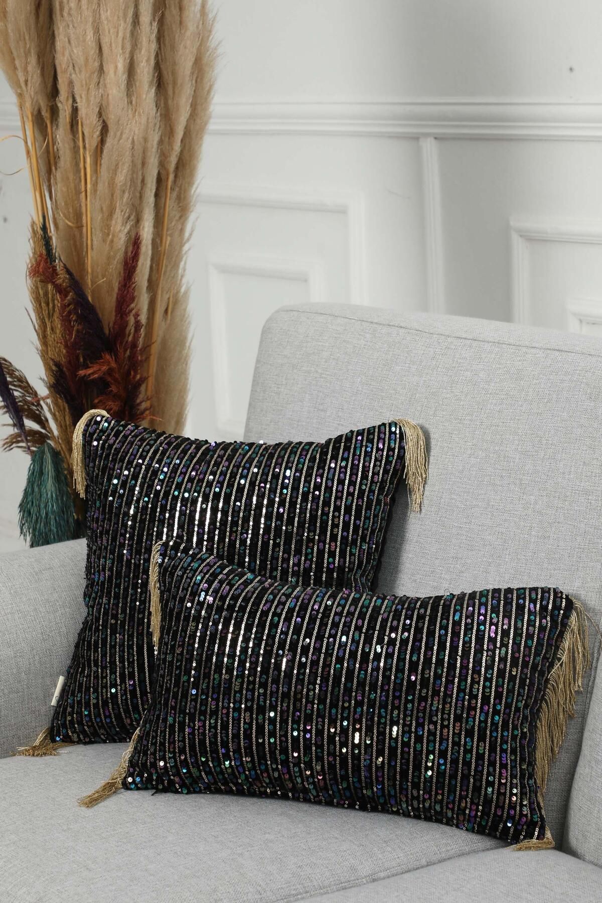 Aisha's Design-45X45 cm Velvet Throw Pillow - Sequined and Fringed Cover, K-373 8