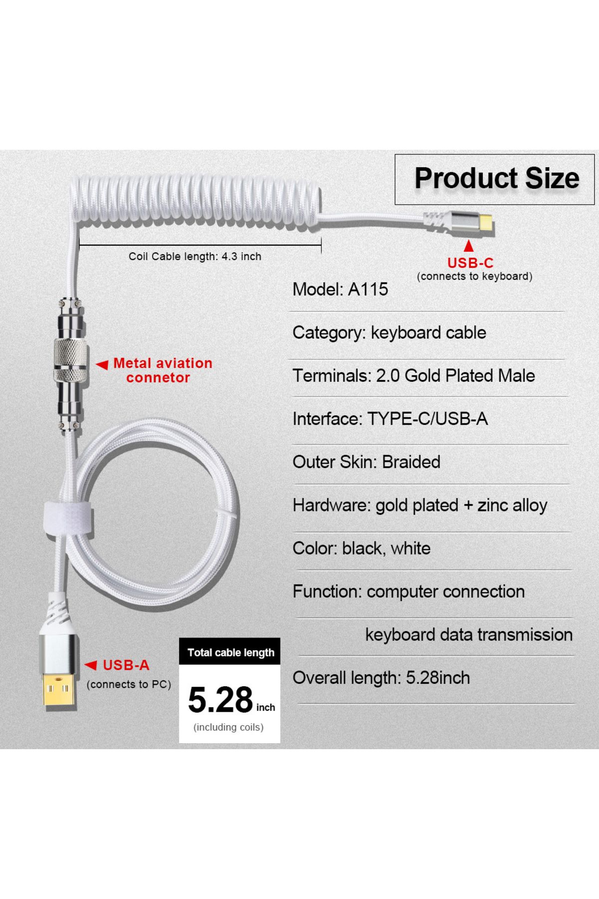 Choice-REDRAGON A115 Type C USB Coiled Wire Spring Cable Aviator Desktop Computer PC Aviation Connector ... 7