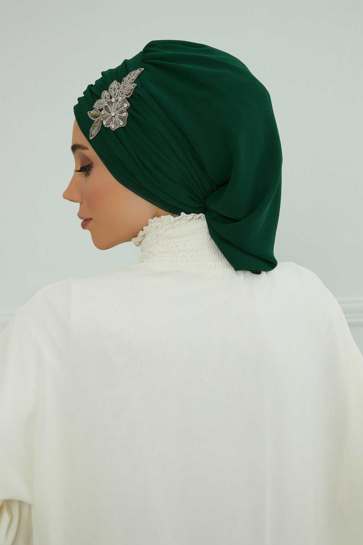 Aisha's Design-Turban din șifon cu model de flori de piatră - cu pliuri și accesorii, gata de utilizare, ht-105,ht-105 6