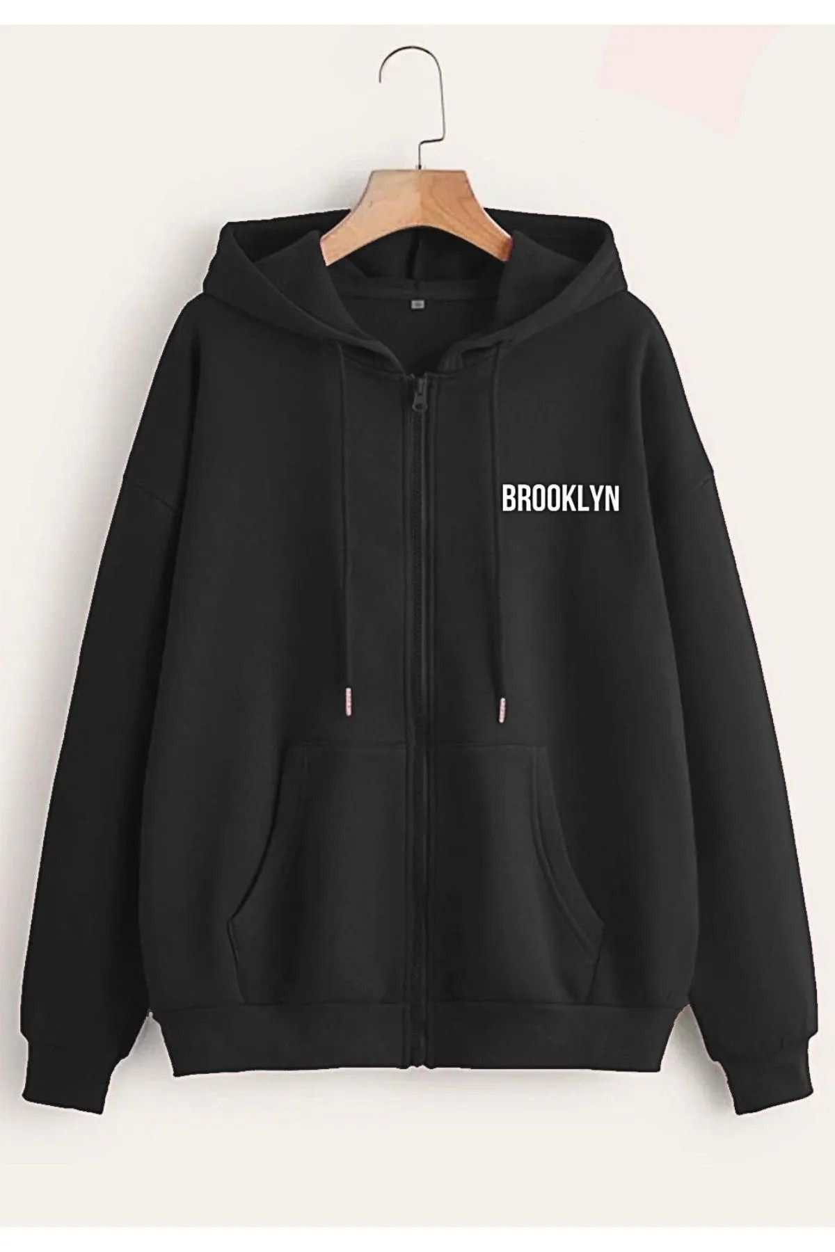 AFROGİYİM-Cardigan oversize cu fermoar cu imprimeu text Brooklyn pentru femei 1