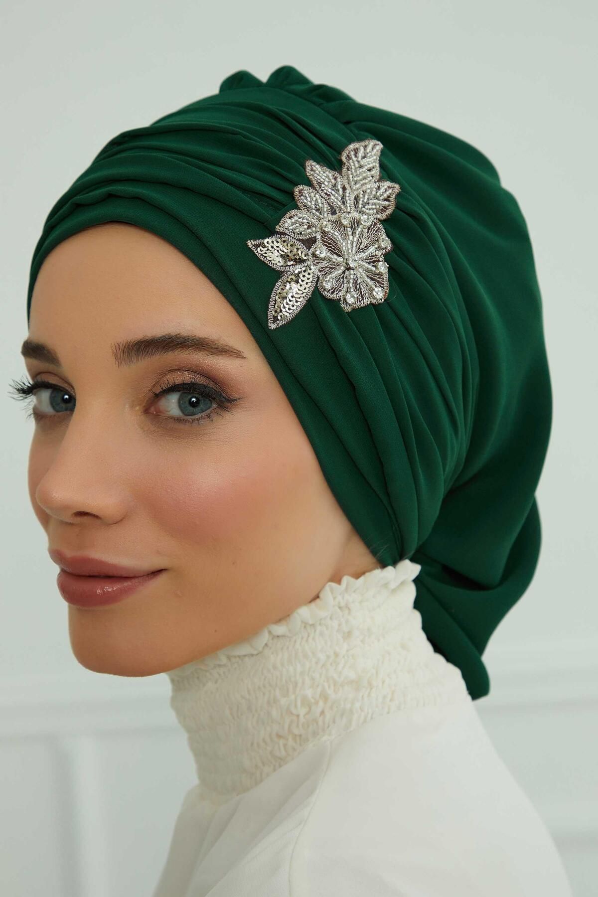 Aisha's Design-Turban din șifon cu model de flori de piatră - cu pliuri și accesorii, gata de utilizare, ht-105,ht-105 7