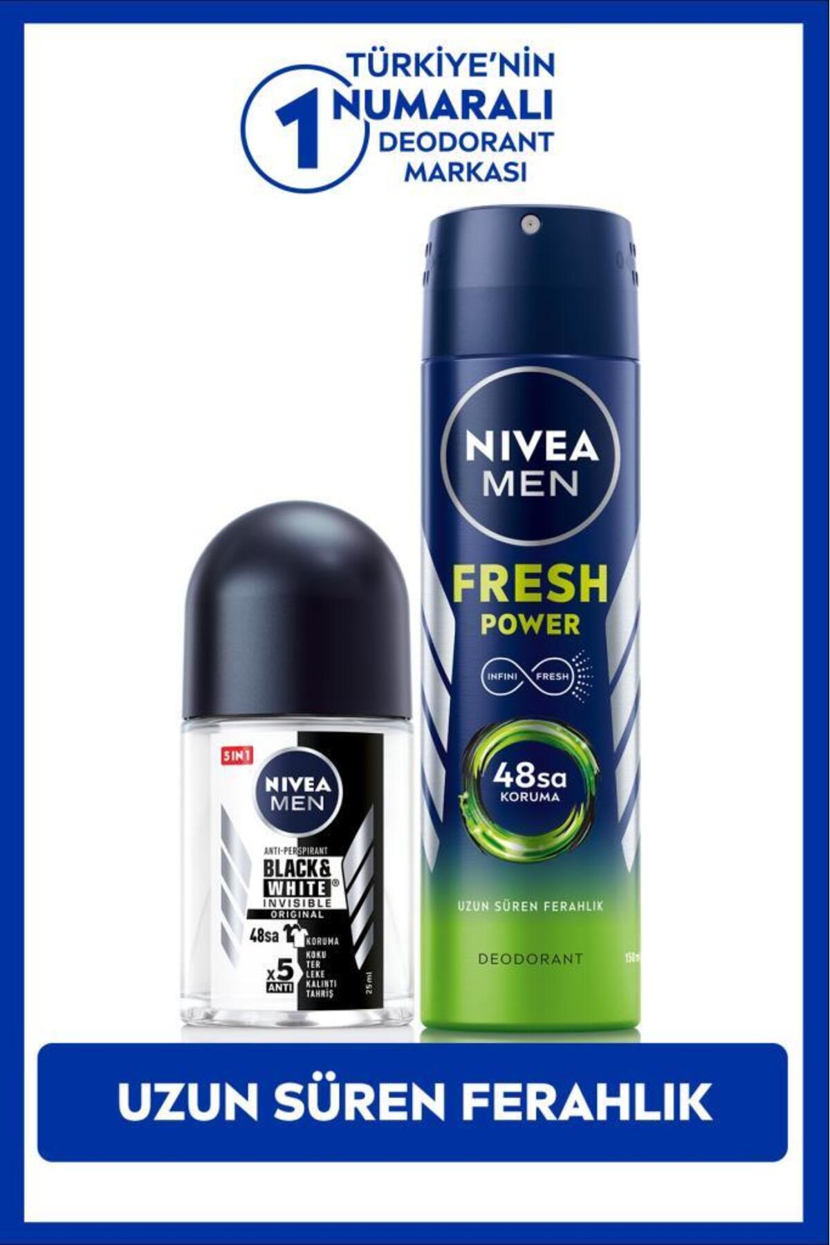نیوا اسپری مردانه دئودورانت Fresh Power 150ml و مینی رول سیاه و سفید اصل 25ml ضد تعریق