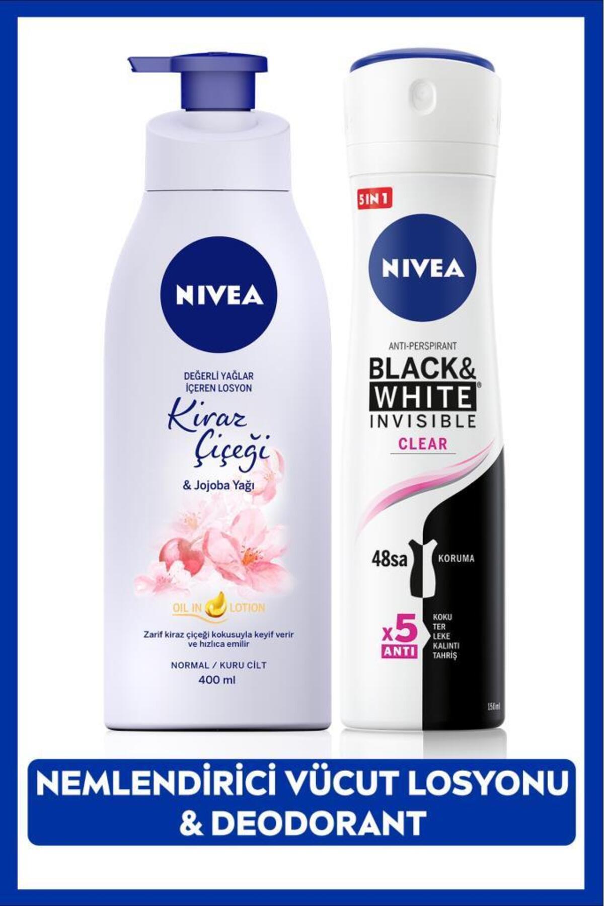 NIVEA Kadın Sprey Deodorant Black&White InvisibleClear 150ml,Kiraz Çiçeği Nemlendirici Vücut Losyonu 400ml