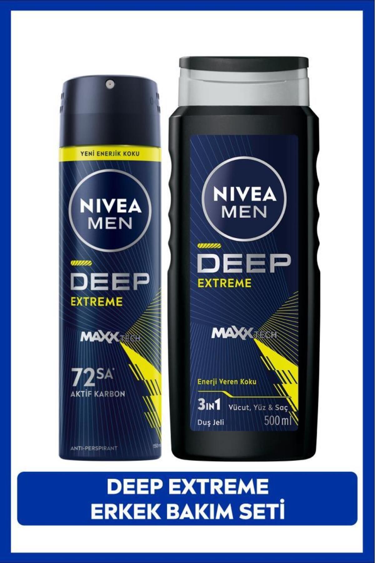 NIVEA MEN Erkek Sprey Deodorant Deep Extreme 150ml, Duş Jeli Deep Extreme 500ml, Vücut Saç ve Yüz İçin