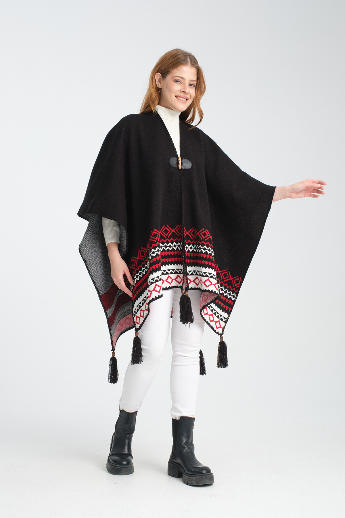 VEGA MODA Etnik Desenli Panço, Balıkçı Dikişli Düğme Detaylı Panço, Dış Giyim Panço, Triko Örğü Şık Panço