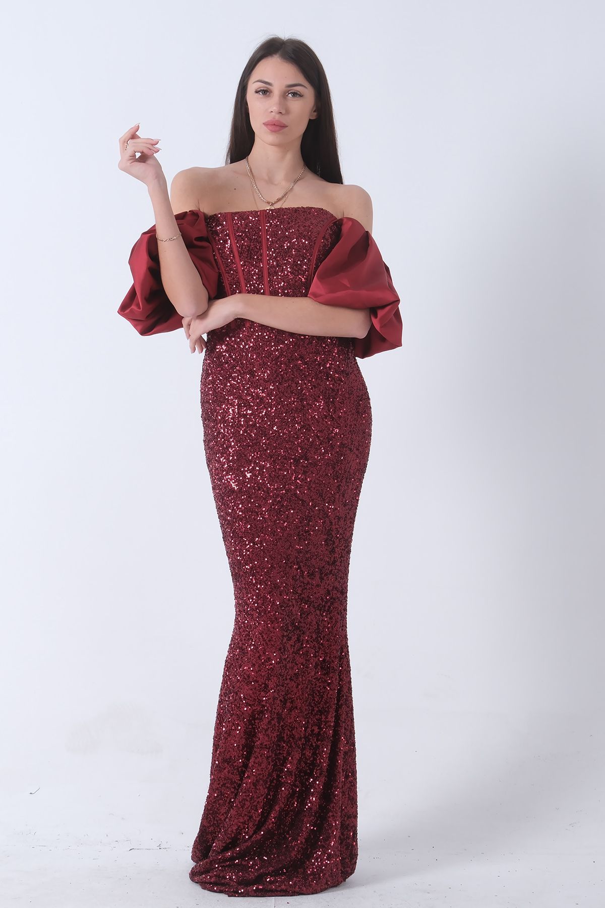 Feminist-Rochie de seara cu maneca balon burgundy - paiete cu paiete 9705296 2